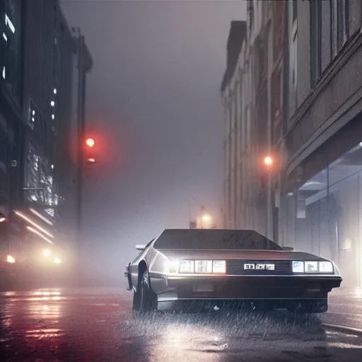 Image similar to hyperdetailed, photorealistic photograph of a dmc 1 2 delorean driving in the streets, rain, night, dense fog, hd, unreal engine 5