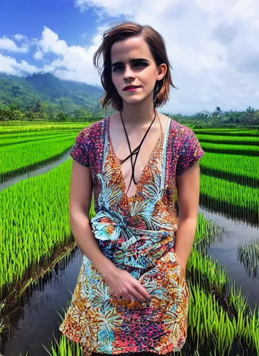 Prompt: emma watson wearing batik bali in bali. temple lake rice field ocean. front view. instagram closeup holiday photo shoot, perfect faces, beautiful, light