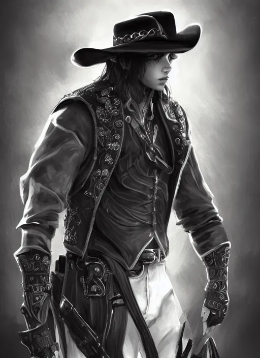 Prompt: a highly detailed illustration of bts v as focused cowboy wearing black cowboy hat, dramatic wielding gun pose, perfect face, intricate, elegant, highly detailed, centered, digital painting, artstation, concept art, smooth, sharp focus, league of legends concept art, wlop