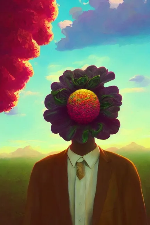 Image similar to portrait, giant flower as head, black woman in suit, surreal photography, golden hour, colorful clouds, impressionist painting, digital painting, artstation, simon stalenhag