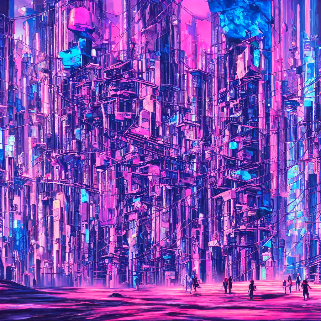 Prompt: oil painting of a cyberpunk metropolis, fuchsia and blue, crowded people occupying buildings and outdoors, textured