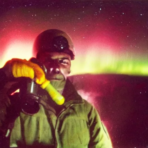 Prompt: a high quality color extreme closeup film 3 5 mm depth of field photograph of a us soldier's face as he frantically iss pouring a can of gasoline along the perimeter of homes in mcmurdoch station in antarctica in 1 9 8 2 with the aurora borealis in the sky at night