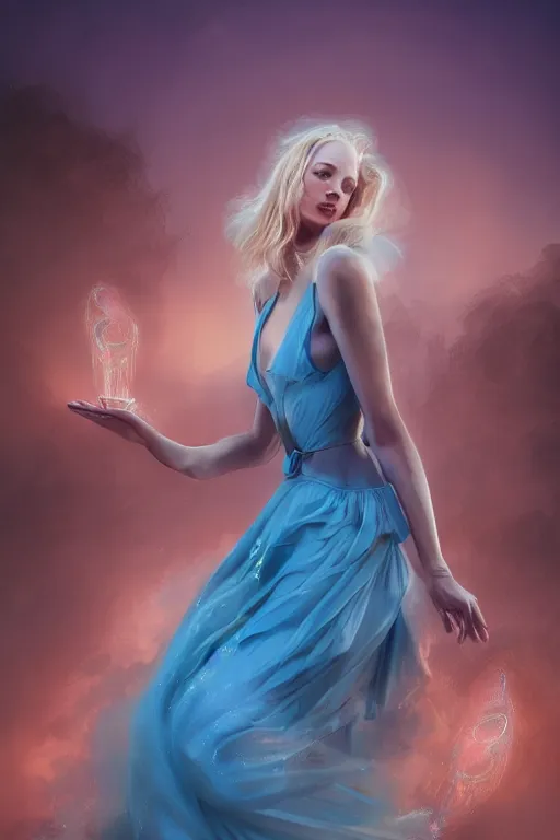 Image similar to detailed portrait of a beautiful blonde haired woman with sparkling blue eyes, elegant, blue cotton dress, background is a fountain in the park, in the style of peter mohrbacher, artgerm, dramatic lighting and composition, pink fog background, octane render, trending on artstation, concept art 8 k