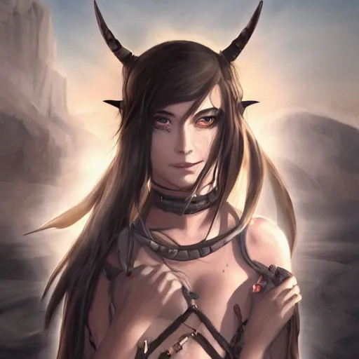 Image similar to portrait of a female berber mage, devil horns and black hair in a ponytail wearing a steel chestplate in a desert, half body, single subject, ambient lighting, highly detailed, digital painting, trending on pixiv fanbox, studio ghibli, extremely high quality artwork, art by ross tran and artgerm and makoto shinkai