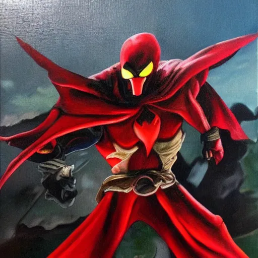 Prompt: Tom McFarlane's Spawn, oil painting, battle of glory