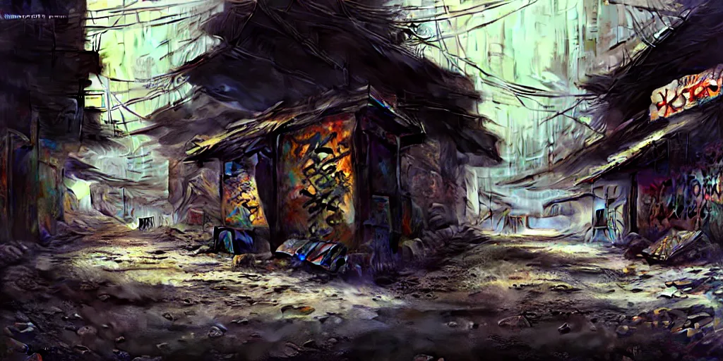 Prompt: an intricate concept art of an abandoned asian street, a makeshift shack and graffiti, hyper detail, ultra realistic, style by dylan cole and artgerm, trending on artstation, cgsociety, 8 k, octane render, high contrast, 3 d render, cgi, cinematic lighting
