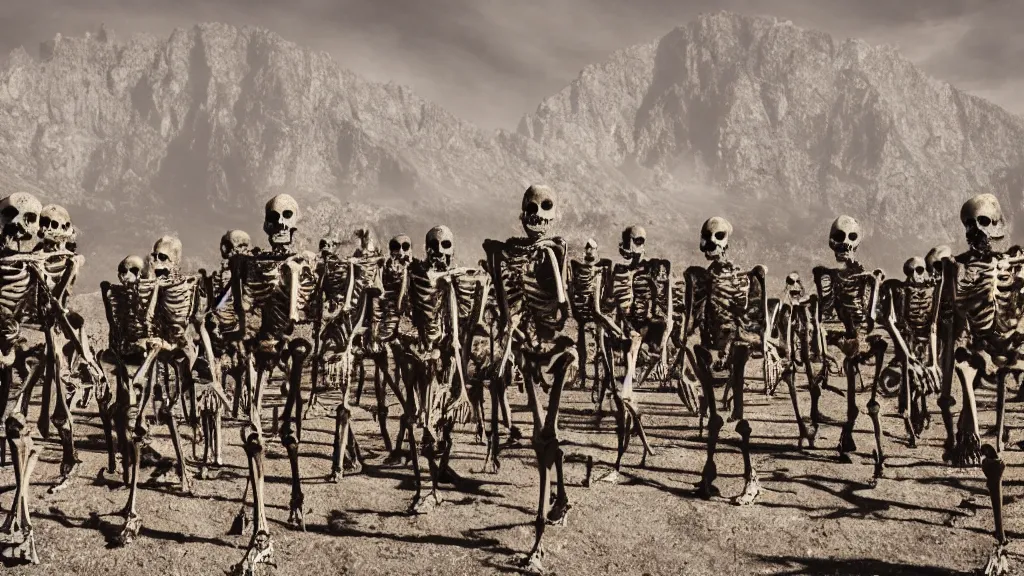 Image similar to army of skeletons In front of a mountain, cinematic,