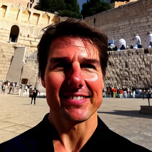 Prompt: photo realistic, selfie of tom cruise, mission impossible style, at the kotel at sunset.