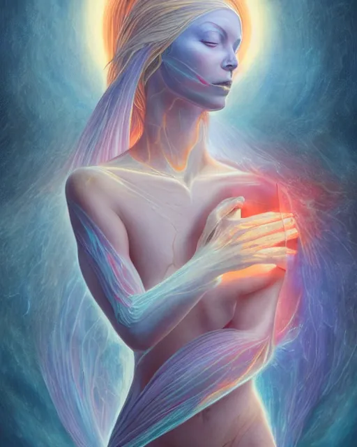 Prompt: the wound! is where the light! enters you, an inspiring masterpiece!! matte painting about healing!, pain, and forgiveness, light seeping into the heart of a beautiful! translucent! woman, by alex grey and peter mohrbacher and james jean, ethereal, majestic, quantum wavetracing, 8 k, octanerender