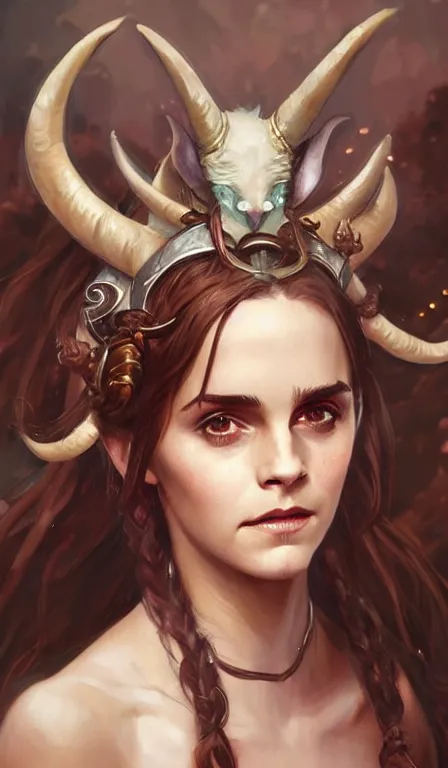 Prompt: cute Whimsical Tiefling Druid with cute horns , emma watson, light-brown skin, D&D, fantasy, portrait, highly detailed, digital painting, artstation, concept art, sharp focus, illustration, art by greg rutkowski and alphonse mucha