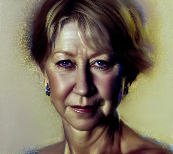 Prompt: a hyper-detailed portrait of Helen Mirren by Craig Mullins; oil on canvas; trending on artstation; 90mm; f/1.4