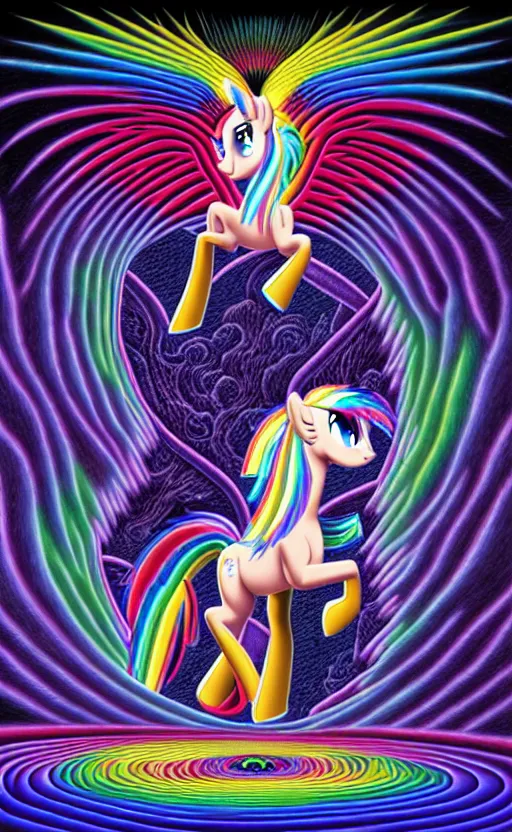 Prompt: my little pony on tool album cover, 8 k resolution hyperdetailed, surrealism style of alex grey, extremely high quality