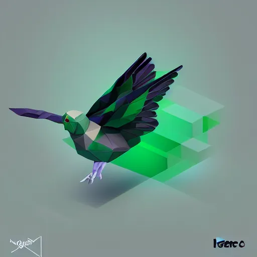 Image similar to isometric, vector, low poly, cgsociety, a green dove, black background, volumetric lighting, digital art