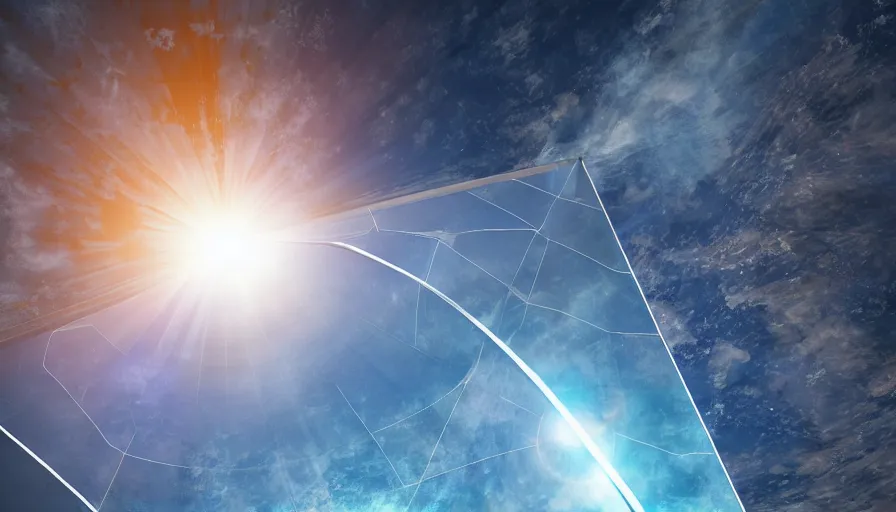 Image similar to solar sail infront of sun, in space, earth visible below, octane render, dramatic