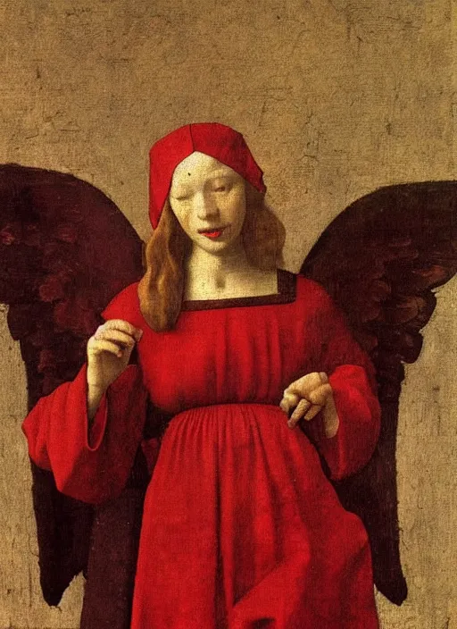 Image similar to Flying Fallen Angel with wings dressed in red, Medieval painting by Jan van Eyck, Johannes Vermeer, Florence