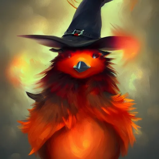 Image similar to cute fiery bird wearing a witch\'s hat. kawaii, adorable, digital art, trending on artstation, fiery bird, anime art by Aokamei and Ross Tran