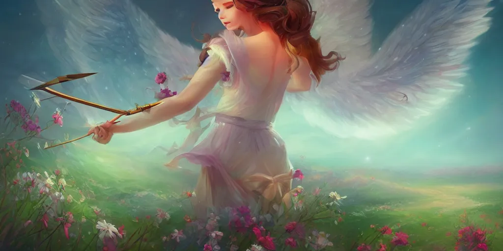 Image similar to An angel with beautiful face shooting luminous arrows with a bow on a country landscape covered with flowers, inspired by Daniela Uhlig and Cyril Rolando, trending on artstation, heavenly colors, volumetric lighting