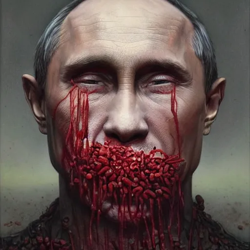 Image similar to vladimir putin face made of worms maggots, dark fantasy, intricate, highly detailed, smooth, artstation, painted by wayne barlowe, greg rutkowski, zdislav beksinski, francis bacon