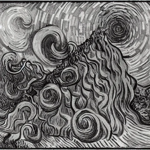 Image similar to Divine Chaos Engine by Vincent Van Gogh and M. C. Escher, symbolist, visionary