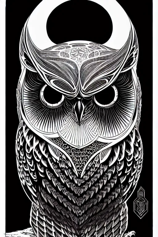 Prompt: side view of a majestic owl, high details, bold line art, by vincent di fate and joe fenton, inking, etching, screen print, masterpiece, trending on artstation, sharp, high contrast, hyper - detailed,, hd, 4 k, 8 k