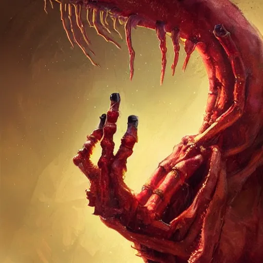 Image similar to scifi portrait by Greg Rutkowski, hideous monster made of twisted human flesh and reddish ooze, lumpy bloated upper body with elongated, thin limbs like a mantis, small head like a ball with two empty holes for eyes, only human beings are its legs, vicious appearance, scifi, space horror, digital painting, artstation, concept art, smooth, sharp foccus ilustration, Artstation HQ.