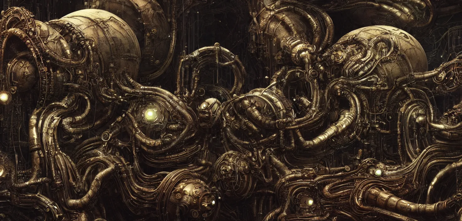 Image similar to Prometheus biological steampunk environment set close-up, diselpunk sleep capsule close-up, in a nightmarish universe of odd forms and somber tapestry, HR Giger and Vincent Di Fate, vivid color scheme, featured in artstation, octane render, cinematic, elegant, intricate, 8k