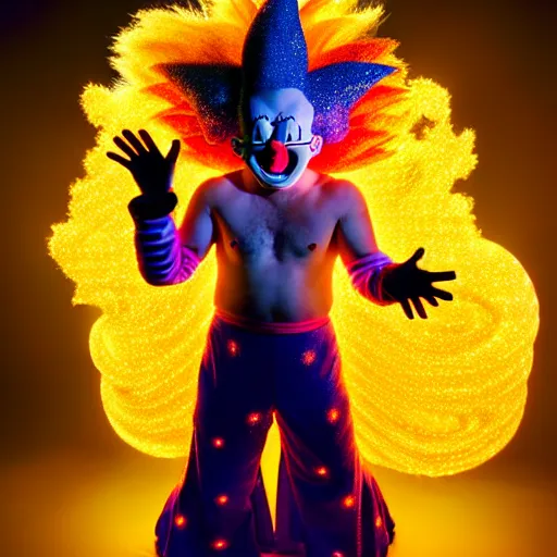 Image similar to uhd candid photo of cosmic krusty the clown as a super saiyan powering up, glowing, global illumination, studio lighting, radiant light, hyperdetailed, correct face, elaborate intricate costume. photo by annie leibowitz