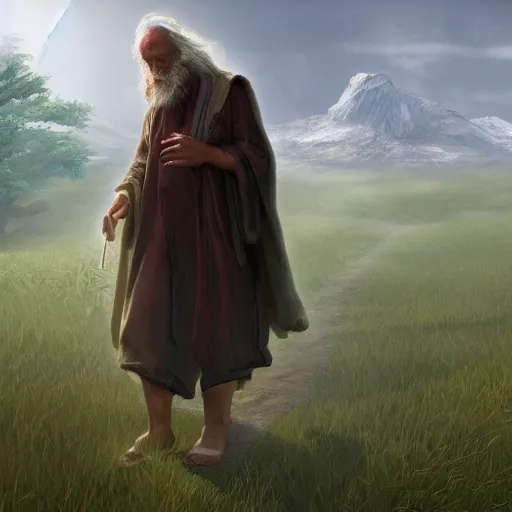 Prompt: Old prophet wandering about a haunted meadow, Fantasy Realm, Distant mountains, Digital Art, 4k