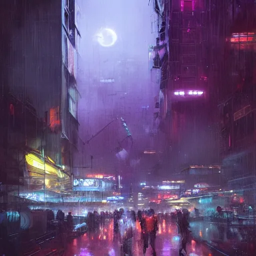 Cyberpunk neon city street at night. Futuristic city scene in a