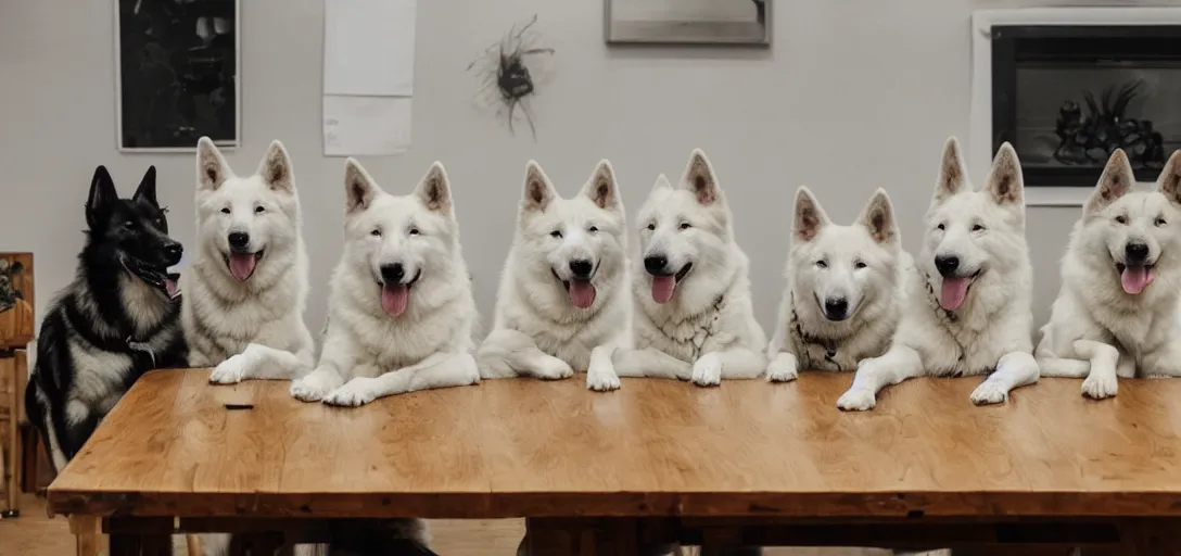 Image similar to 7 white shepherd dogs sitting around a table