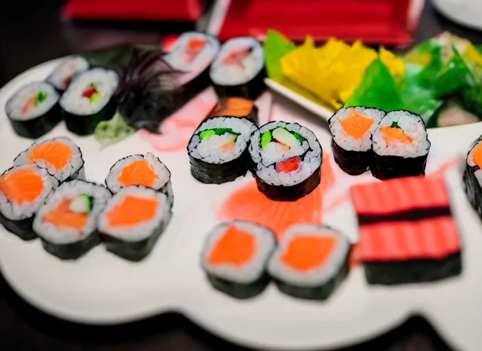 Prompt: dslr food photograph of sushi made of candy, 8 5 mm f 1. 8