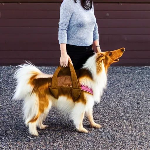 Prompt: a women riding on that bag of a giant shetland sheepdog