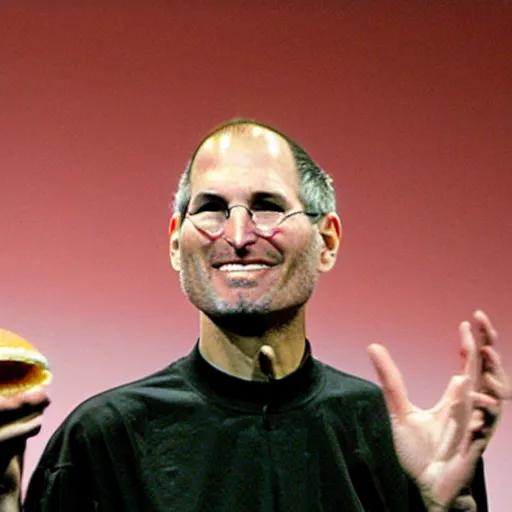 Prompt: steve jobs presenting a slice of bread at the macworld confrence in 2007, press photos