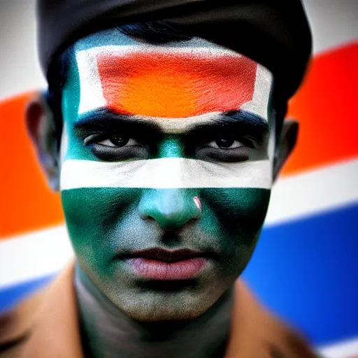 Prompt: a dramatic photograph of soldier from india, indian flag painted on his face, cinematic lighting