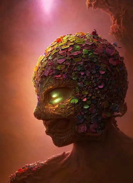 Image similar to helmet of a forgotten deitymade of flower petals, in the style of tomasz alen kopera and fenghua zhong and peter mohrbacher, mystical colors, rim light, beautiful lighting, 8 k, stunning scene, raytracing, octane, trending on artstation