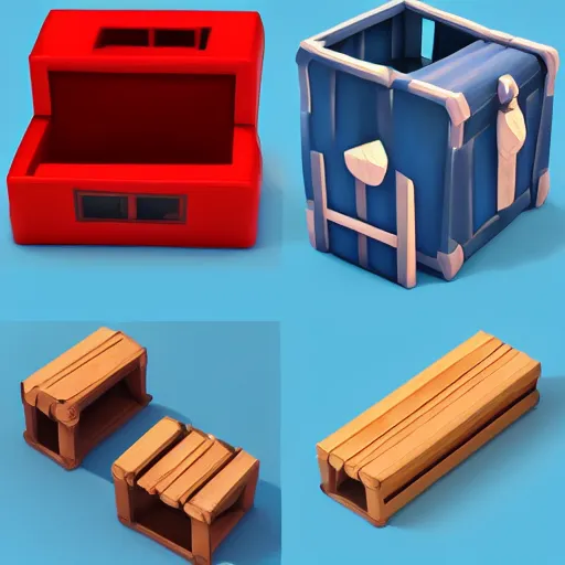 Image similar to cubby crate 3 d icons for mobile game, stylized, blue scheme, octane render