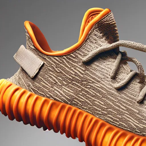 Prompt: promotional photography new Yeezys made of Cheetos