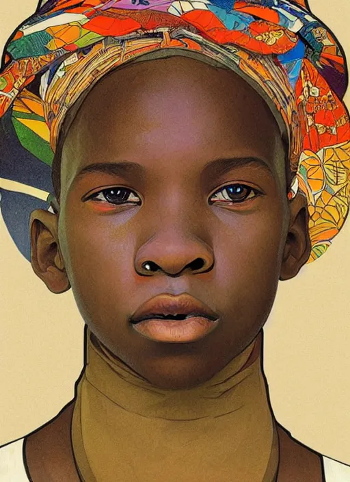 Image similar to colourful upper half portrait of an african boy - art by aya takano & alphonse mucha, magazine collage, highly detailed, digital painting, illustration, smooth, sharp focus, intricate, clustered, busy, pinterest, behance,