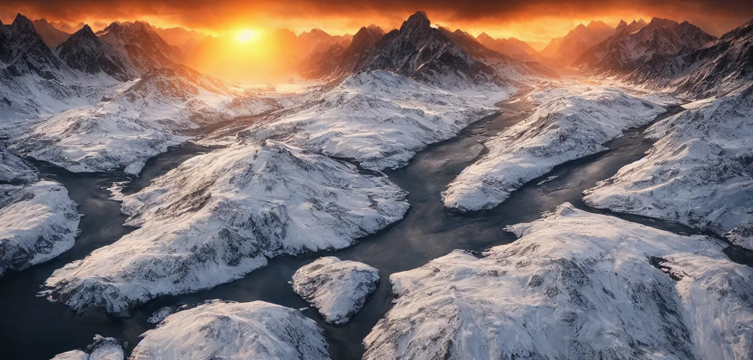 Image similar to amazing landscape photo of snowy mountains with river in sunset by max rive, beautiful dramatic lighting