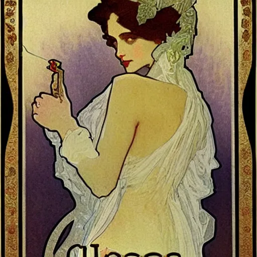 Image similar to cigarette in woman's hand painting by mucha