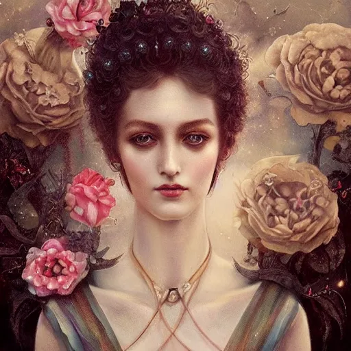 Image similar to tom bagshaw, soft painting of a curiosities carnival, beautiful young aristocrat blessing flowers in full dress, perfectly detailed, symmetrical intricate sensual features, highly detailed, artstation, sharp focus