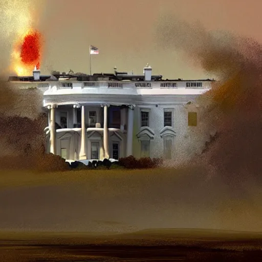 Image similar to the white house being exploded, tragic, beautiful, craig mullins, historic