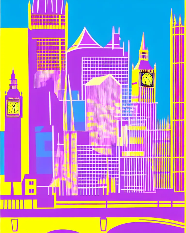 Image similar to city of london, london bridge, big ben, bright colors, in the style of hiroshi nagai, very detailed