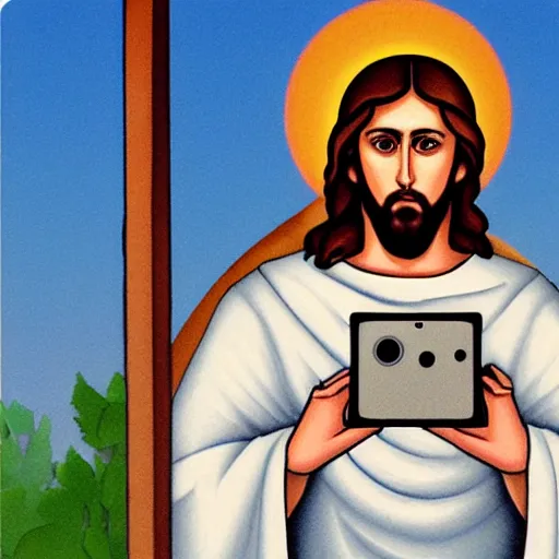 Prompt: Jesus takes a selfie, shot on android 2013