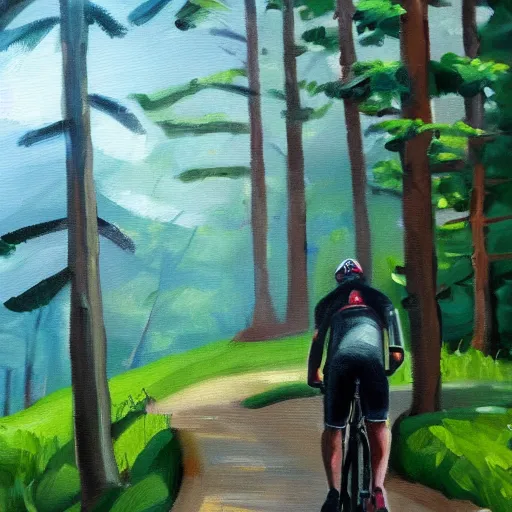Image similar to man biking up a steep forest hill, sweaty. Oil painting. Emotional. Steep. Trees