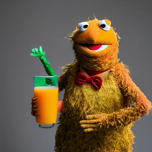 Prompt: portrait of muppet puppet skin cloth danny devito as a muppet puppet in sesame street drinking a glass of orange juice, dlsr photo, studio lighting, sigma lens, rim light, fur