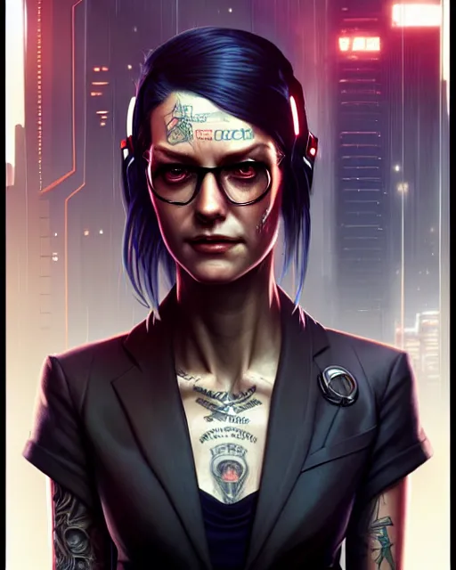 Image similar to cyberpunk corporate woman, covered in tattoos | | realistic shaded, fine details, realistic shaded lighting poster by greg rutkowski, diego gisbert llorens, magali villeneuve, artgerm, jeremy lipkin and rob rey