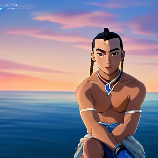 Image similar to beautiful serene intricate photograph of sokka from the water tribe as an inuit young man with light blue eyes, smiling confidently, relaxing on the beach, golden hour, soft focus, 8 k, art by irakli nadar, hyperrealism, hyperdetailed, ultra realistic