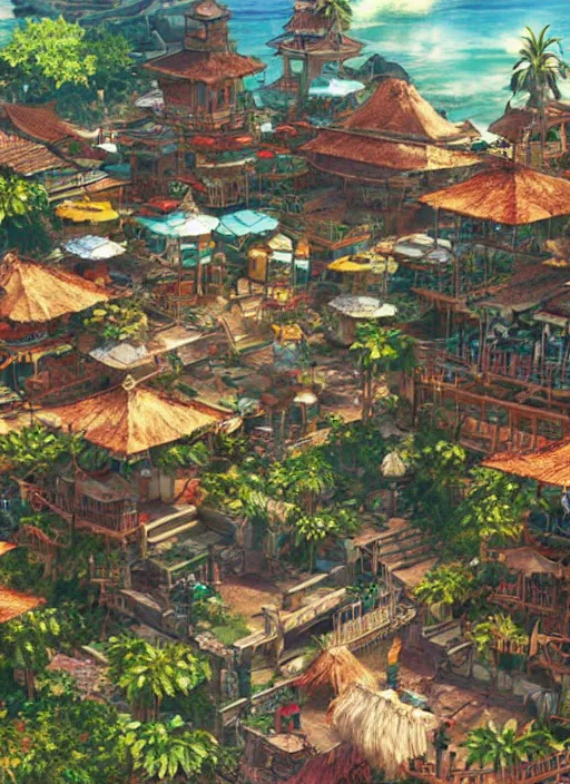 Prompt: Fantasy tropical port town. hidari, color page, tankoban, 4K, tone mapping, Akihiko Yoshida.