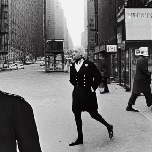 Prompt: covert FBI surveillance photo of Kaiser Wilhelm II on the streets of New York City, 1975